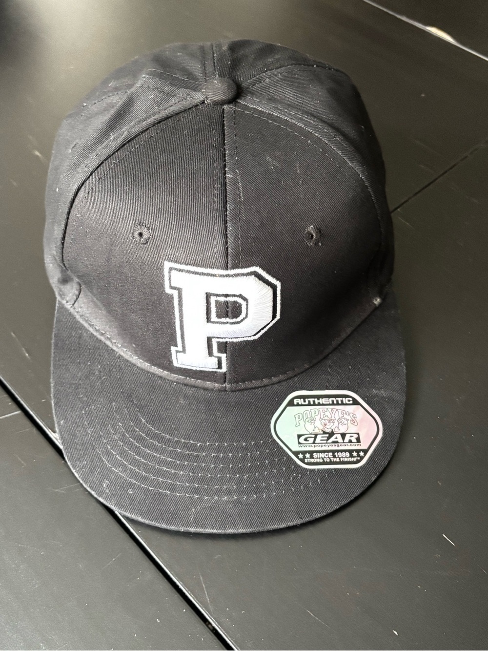 $5 ADD ON Authentic Popeye’s Cartoon Gear Black Baseball Cap with White 'P' Logo